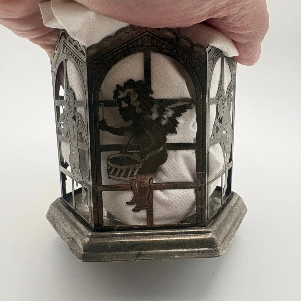 Vintage Silver Tone Cherub Angel Hexagon Votive Candle Holder Metal Filigree